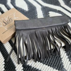 Sseko Clutch in Dark Grey Leather & Cream Canvas